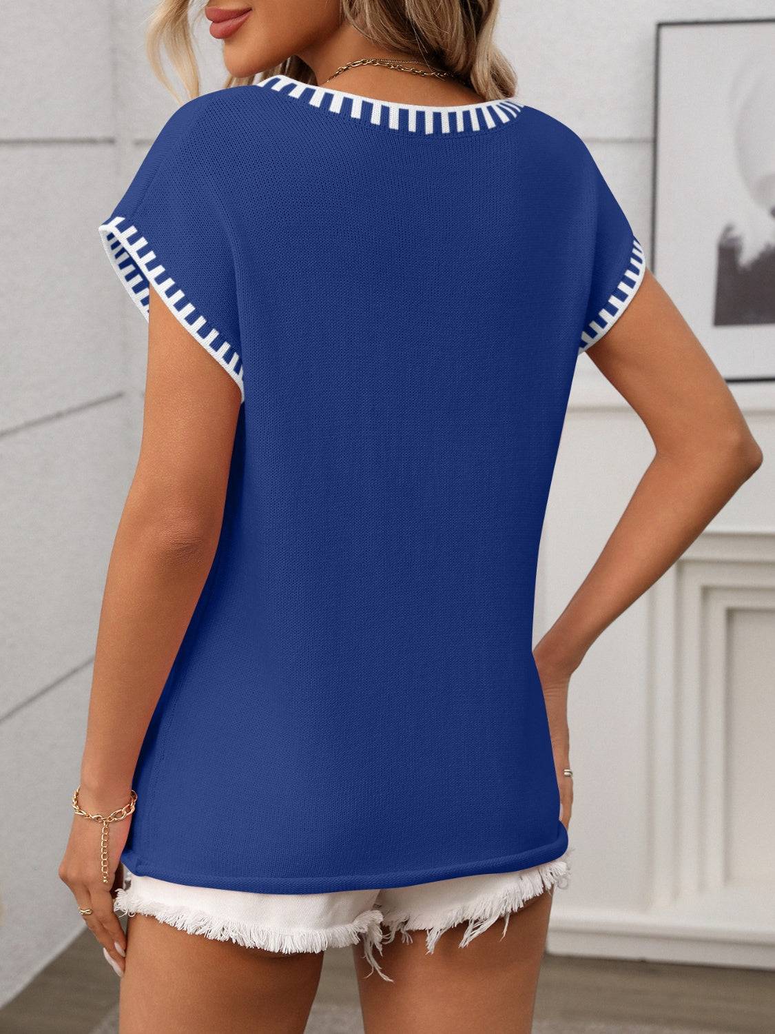 Contrast Trim V-Neck Short Sleeve Knit Top - Clothes For Her Online Store