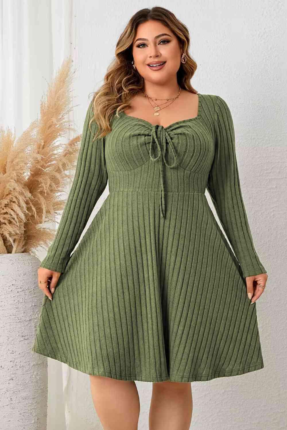 Honey Plus Size Sweetheart Neck Long Sleeve Ribbed Dress - Clothes For Her Online Store