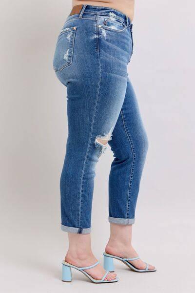 Judy Blue Full Size Button Fly Distressed Jeans with Pockets Plus Size