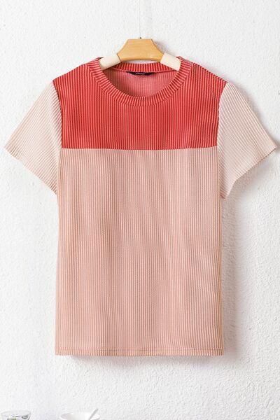 Color Block Round Neck Short Sleeve T-Shirt - Clothes For Her Online Store