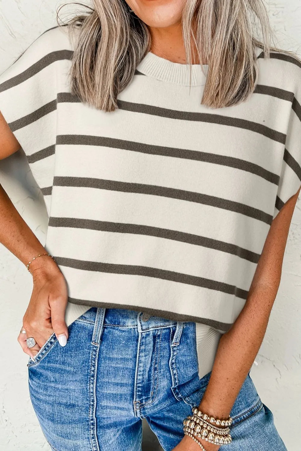 Stripe Side Slits Crewneck Sweater Vest - Clothes For Her Online Store