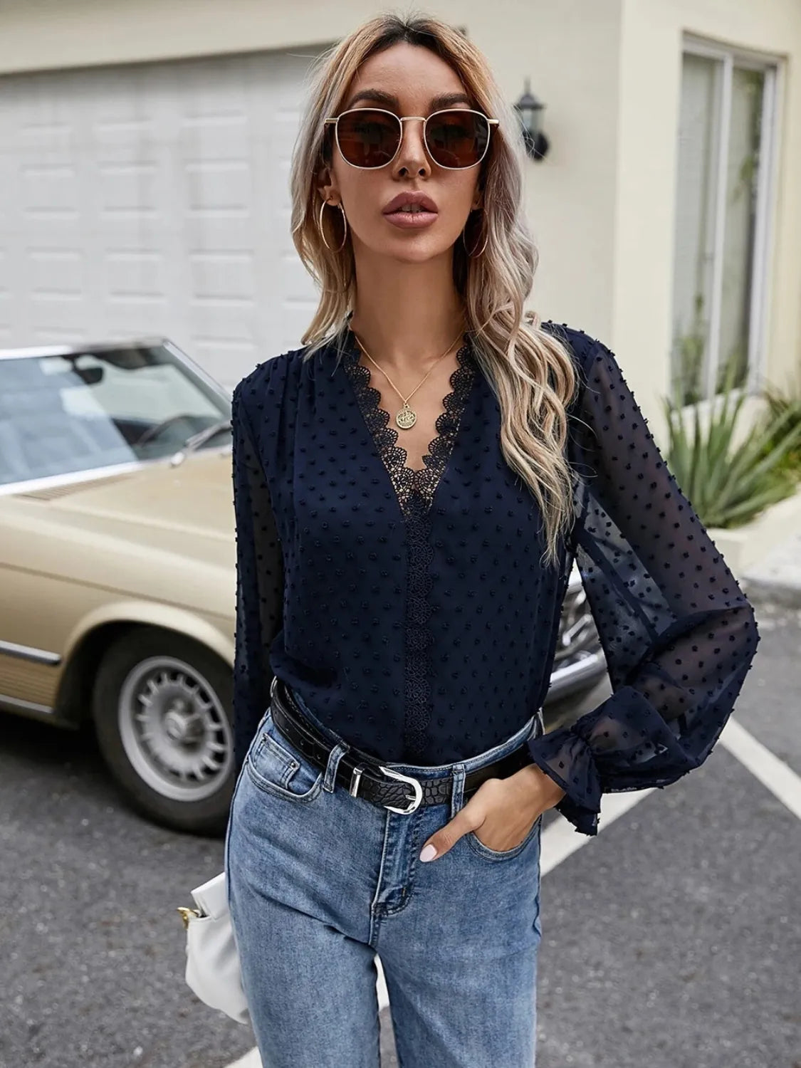 Lace Detail V-Neck Swiss Dot Blouse
