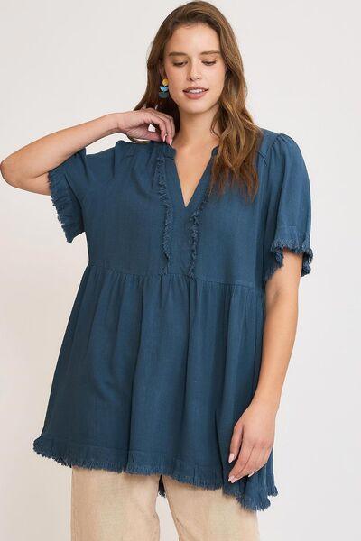 Umgee Full Size Raw Hem Notched Babydoll Linen Blouse Plus Size