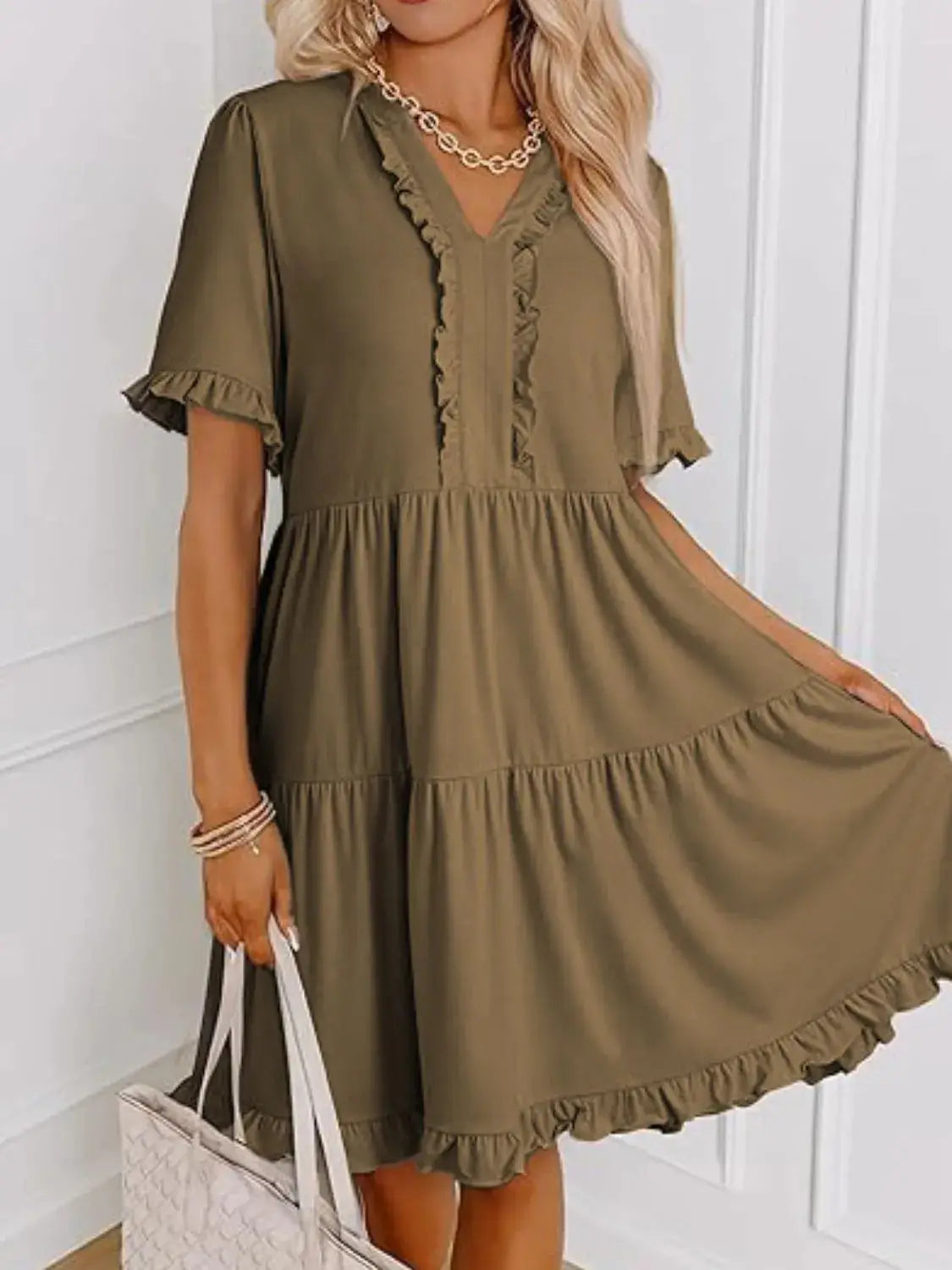 Tiered Notched Short Sleeve Mini Dress - Clothes For Her Online Store