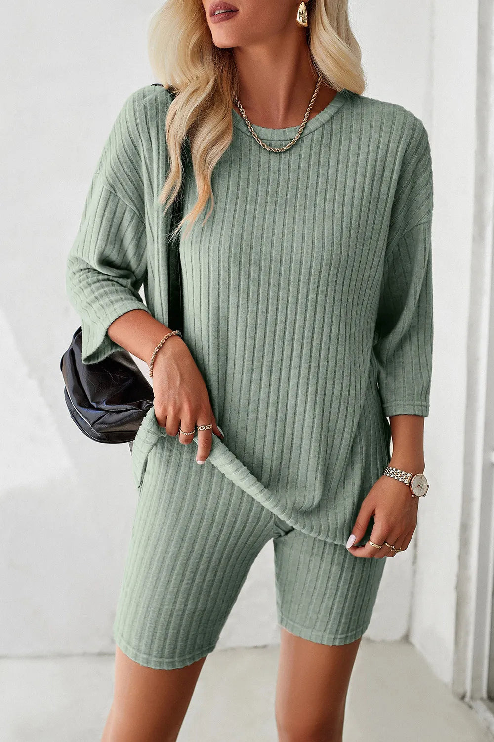 Devine Ribbed Round Neck Top and Shorts Set - Clothes For Her Online Store