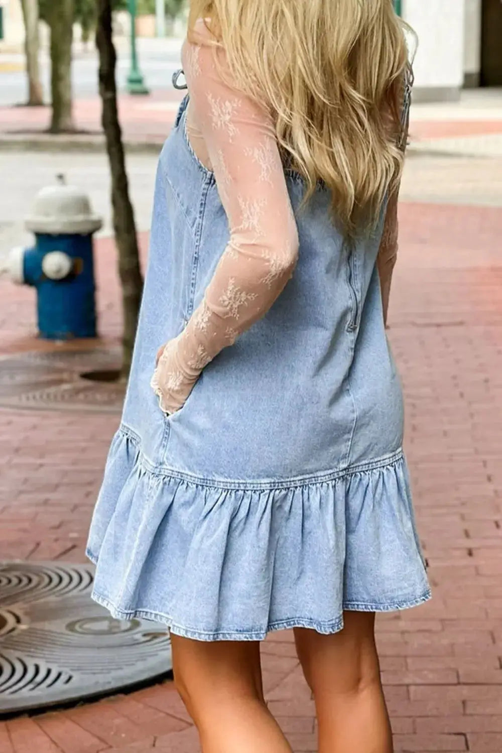 Bow Detail Spaghetti Straps Ruffle Hem Denim Dress - Clothes For Her Online Store