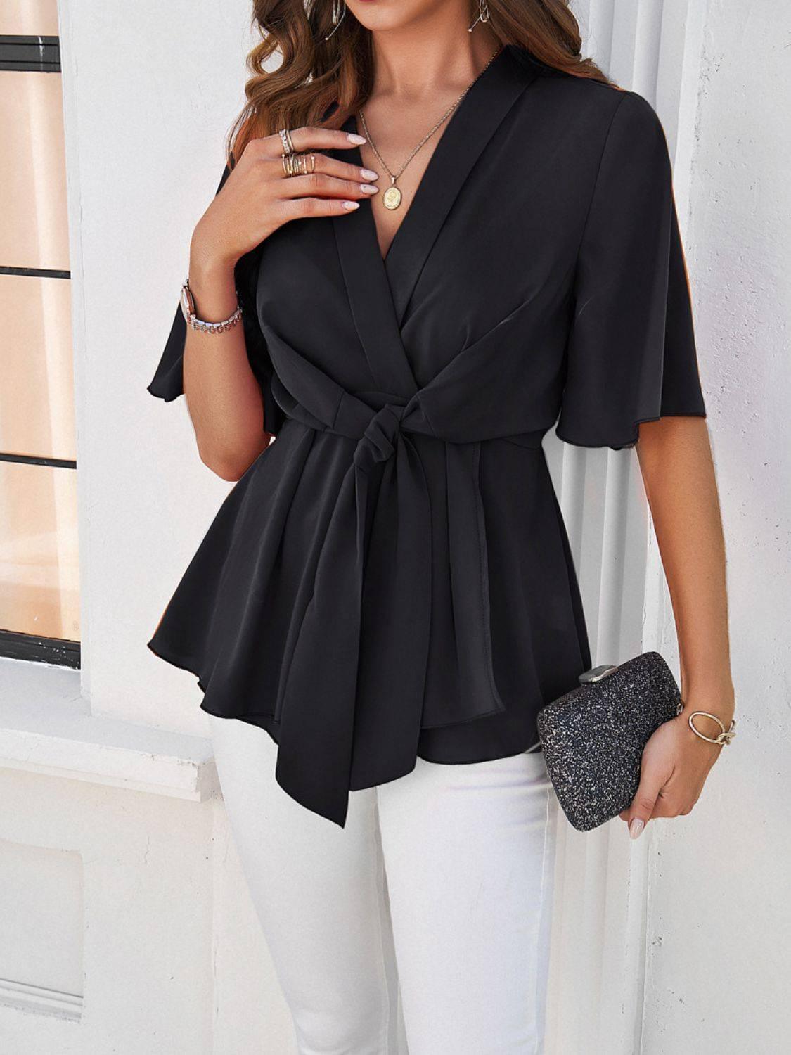 Devine Tied Front Peplum Blouse