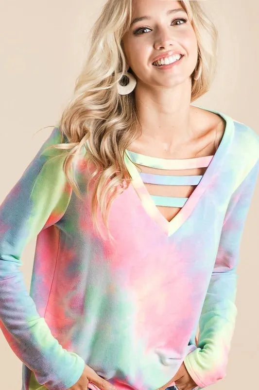 BiBi Tie Dye French Terry V-Neck Top with Strapped