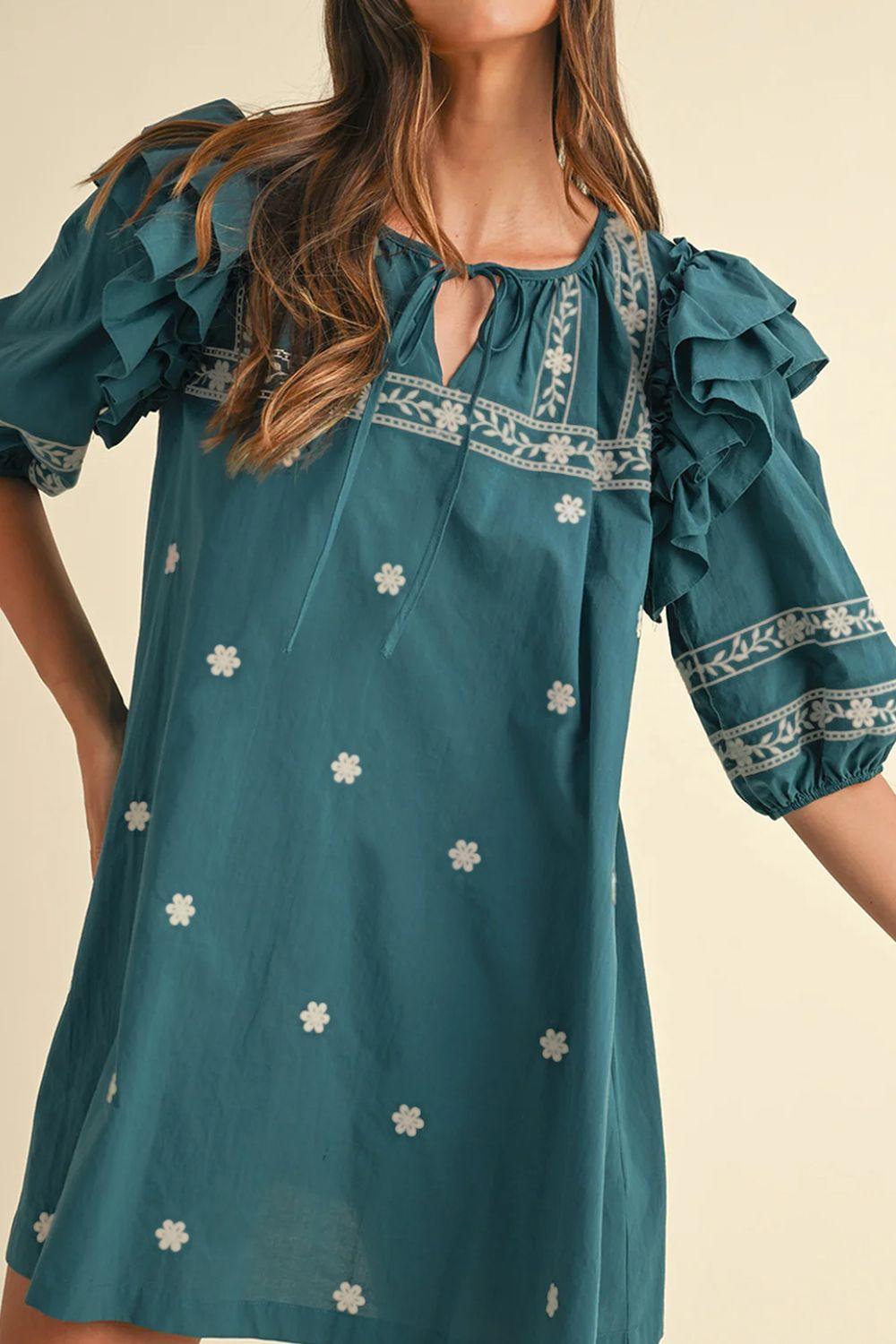 Floral Ruffle Puff Sleeve Tie Neck Mini Dress