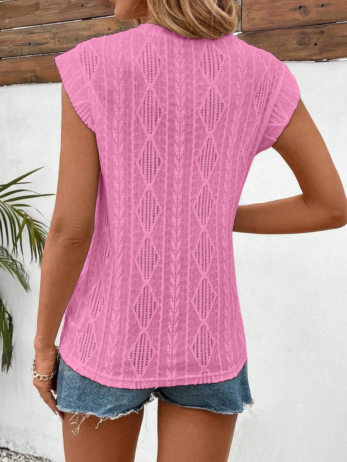 Eyelet Round Neck Cap Sleeve Top