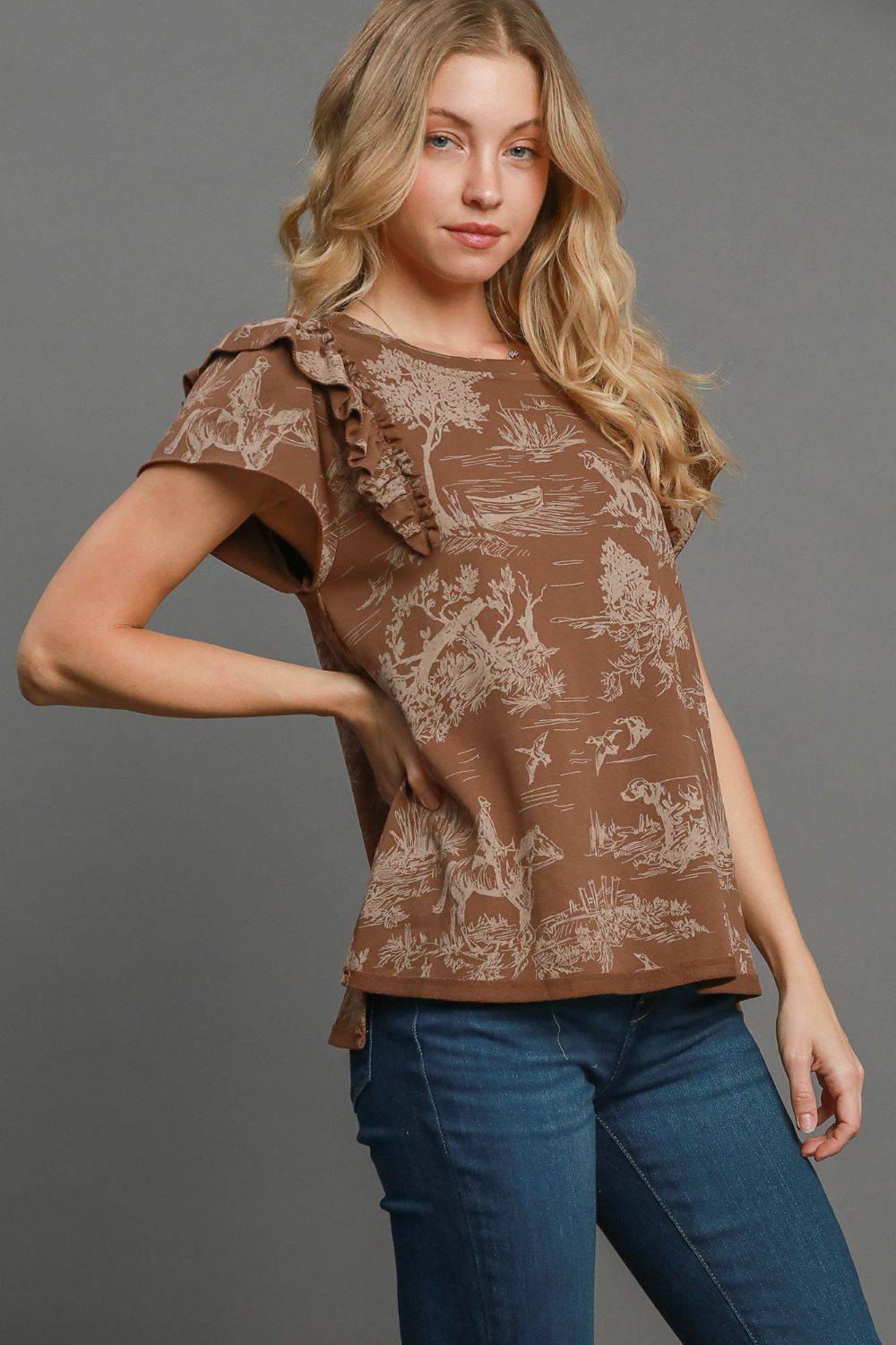 Umgee Ruffled Landscape Print Short Sleeve French Terry Top - Clothes For Her Online Store
