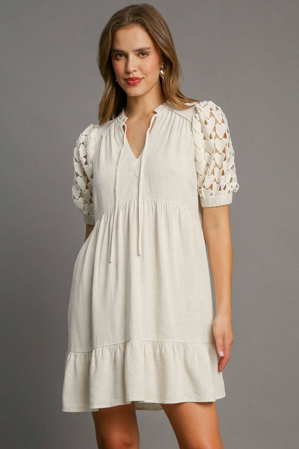 Umgee Full Size Ruffled Hem Heart Lace Sleeve Tie Neck Dress Plus Size - Clothes For Her Online Store