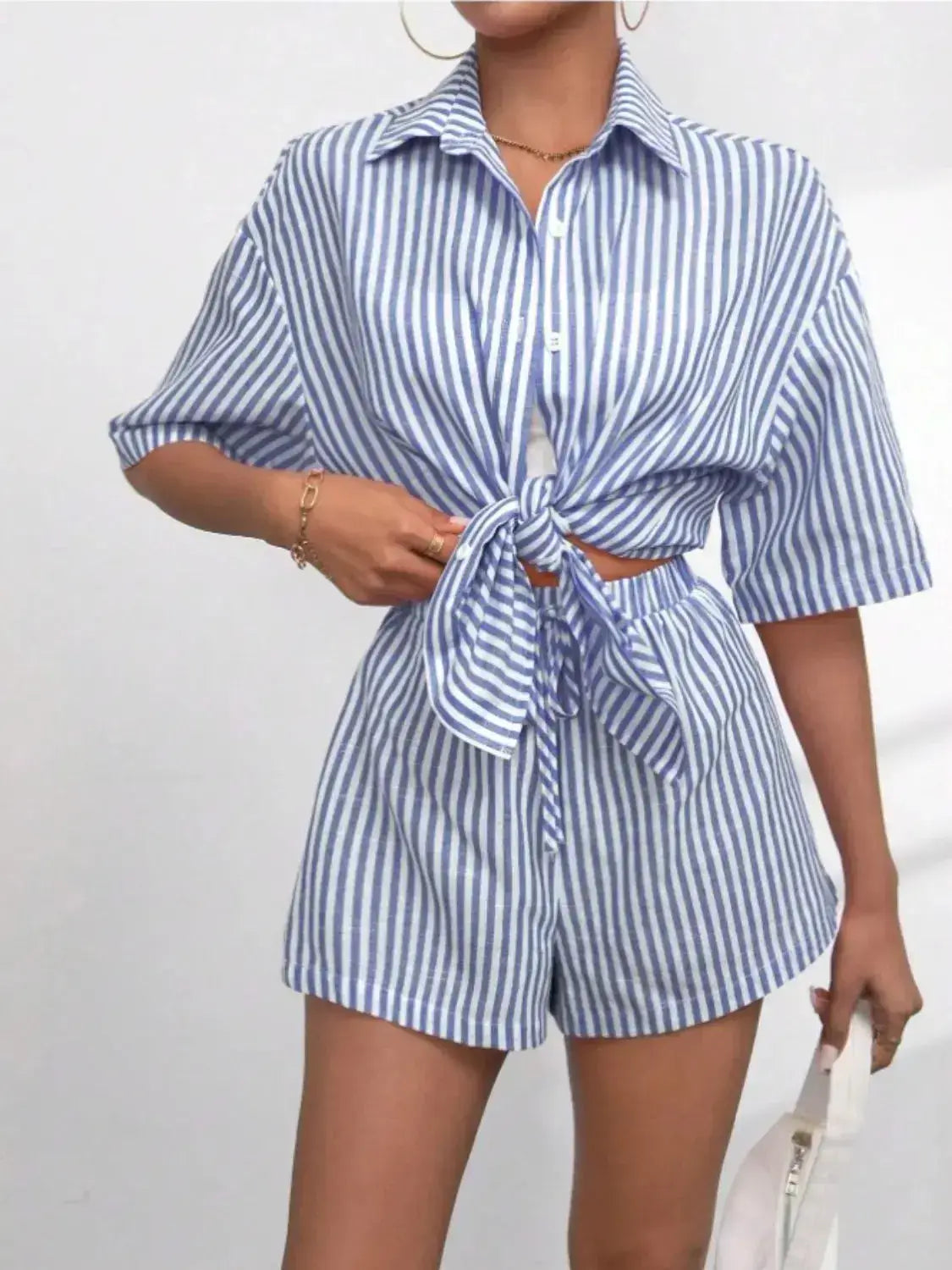 Striped Button Up Shirt and Shorts Set - Clothes For Her Online Store