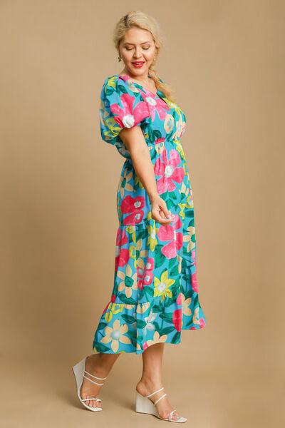 Umgee Full Size Tiered Floral Print Notched Puff Sleeve Midi Dress Plus Size - Clothes For Her Online Store