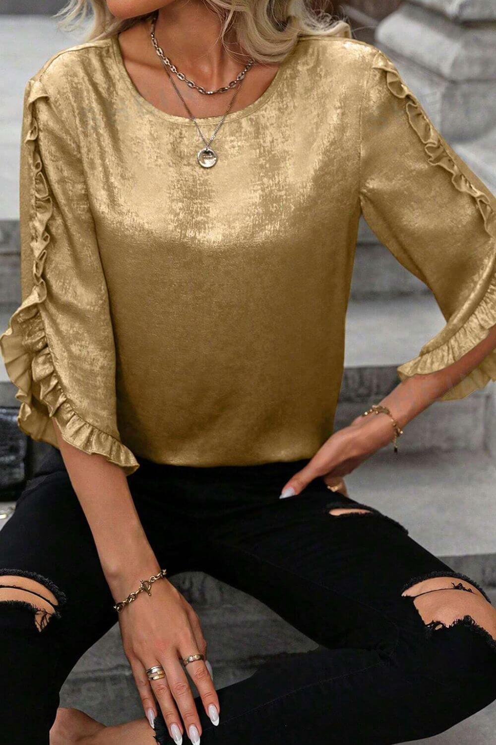 Metallic Luster Round Neck Frill 3/4 Sleeve Blouse