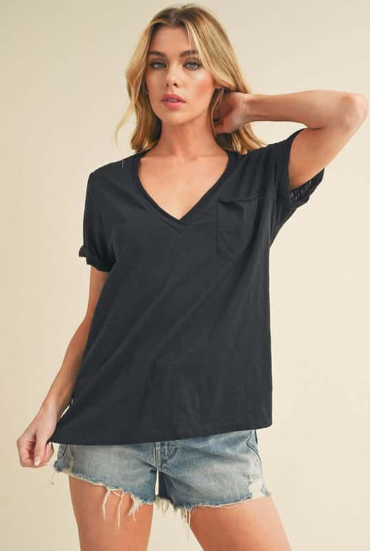 Aemi + Co Side Slit V-Neck Short Rolled Sleeve T-Shirt