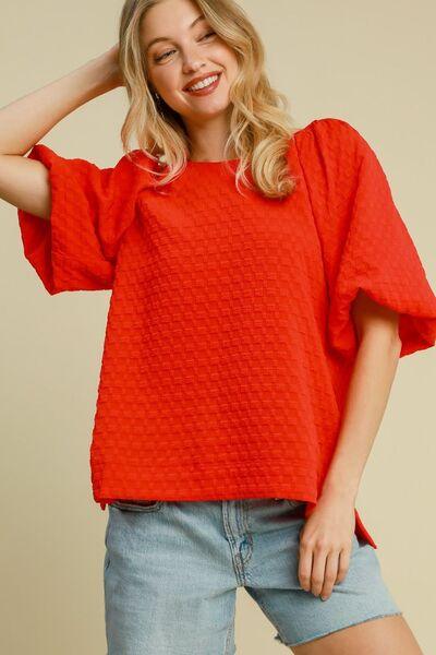 Umgee Full Size Boxy Cut Jacquard Round Neck Top with Side Slit Plus Size