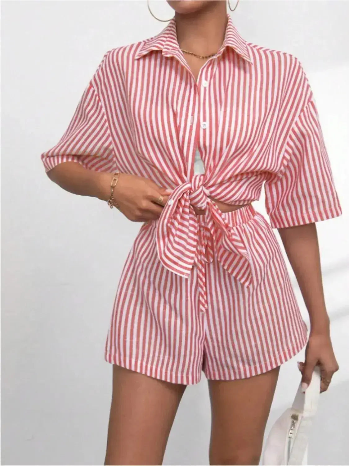 Striped Button Up Shirt and Shorts Set - Clothes For Her Online Store