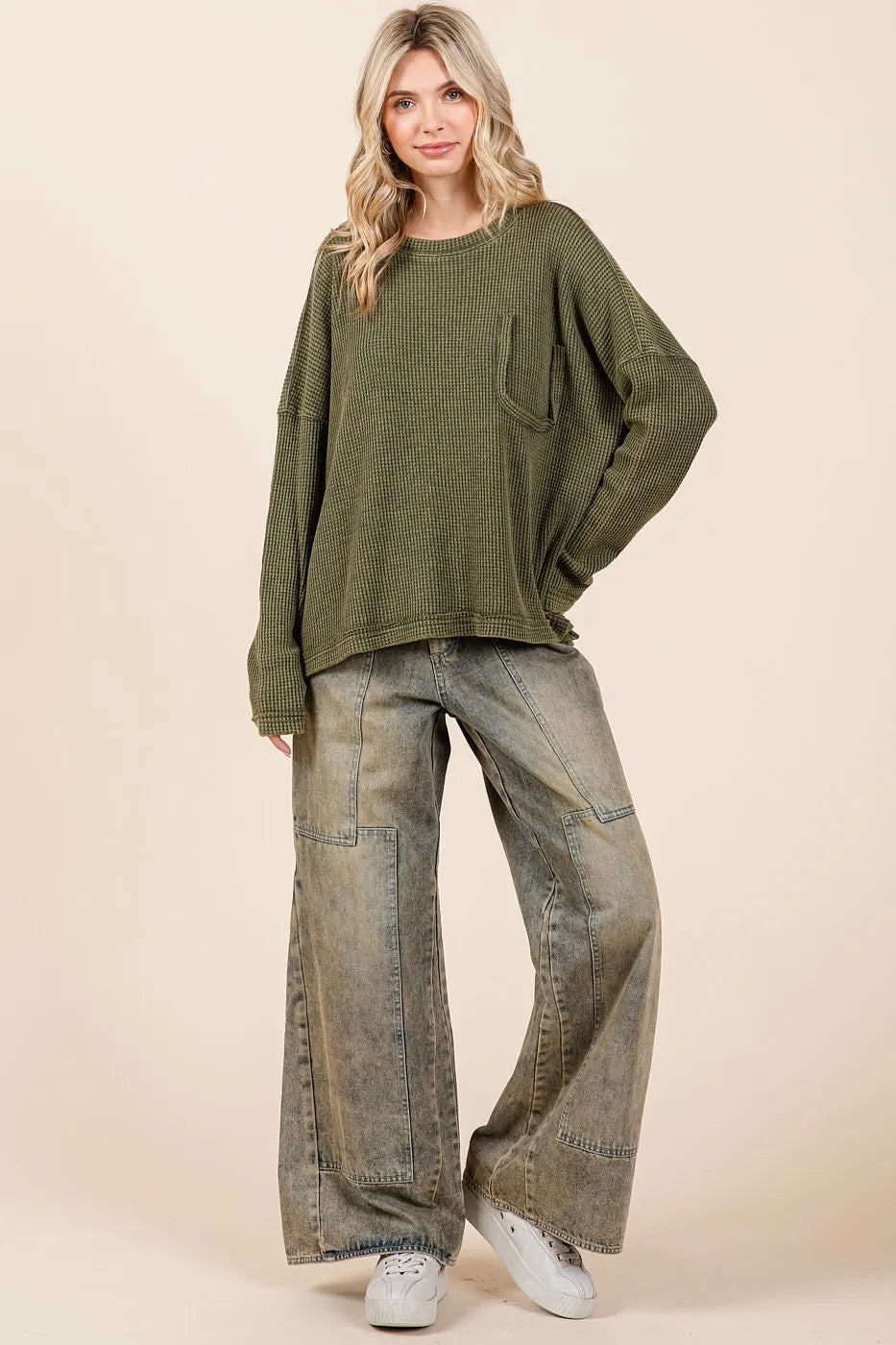 Mittoshop Mineral Wash Cutout Pocket Long Sleeve Waffle Top