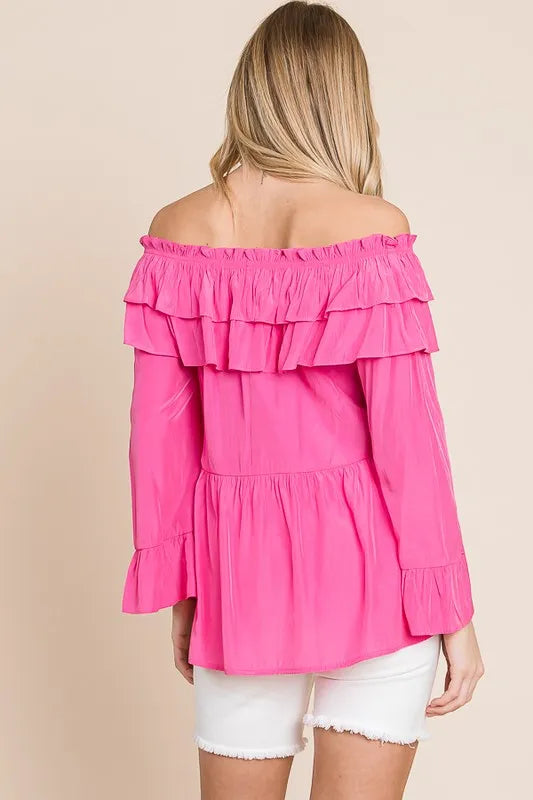 Lime 'N' Chili Ruffled Trumpet Sleeve Off-The-Shoulder Top