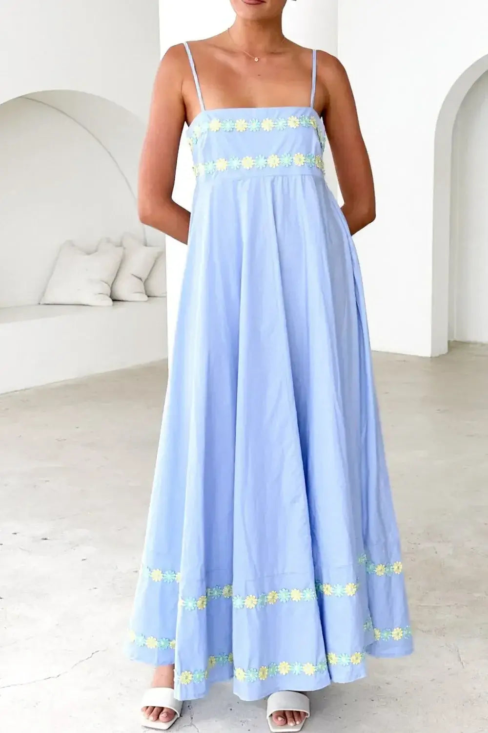 Floral Embroidered Spaghetti Strap Maxi Dress
