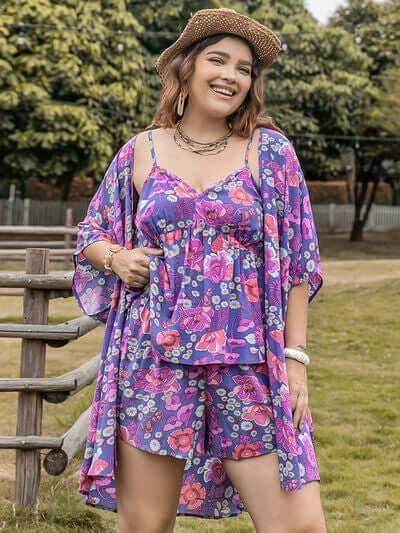 Plus Size Printed Cami, Open Front Cover Up and Shorts Set - Clothes For Her Online Store
