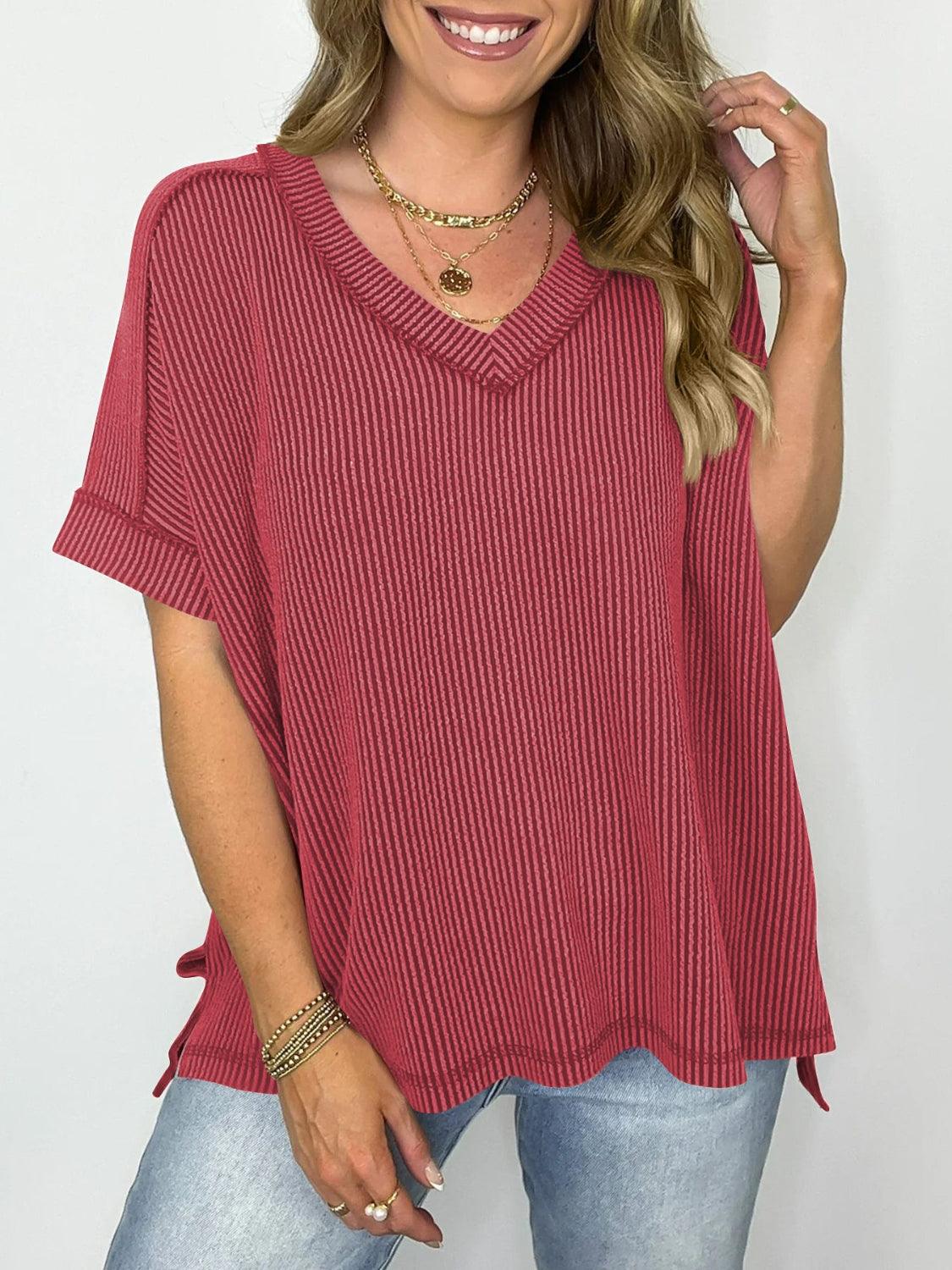 Cord Ribbed V-Neck Short Sleeve T-Shirt