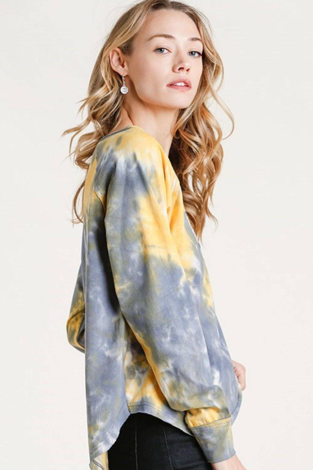Umgee Full Size Tie Dye Button Front Long Raglan Sleeve Top Plus Size - Clothes For Her Online Store