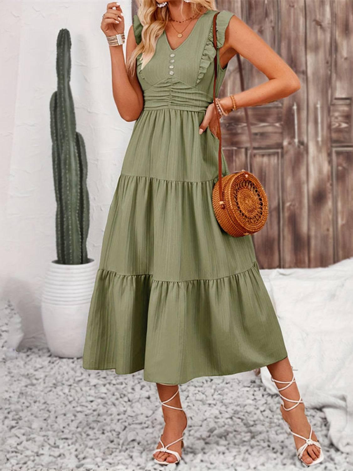 Decor Button Ruffled Tiered Midi Dress - Clothes For Her Online Store