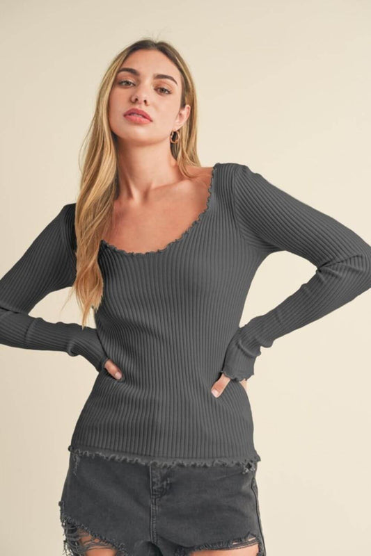 Aemi + Co Lettuce Hem Scoop Neck Long Sleeve Knit Top