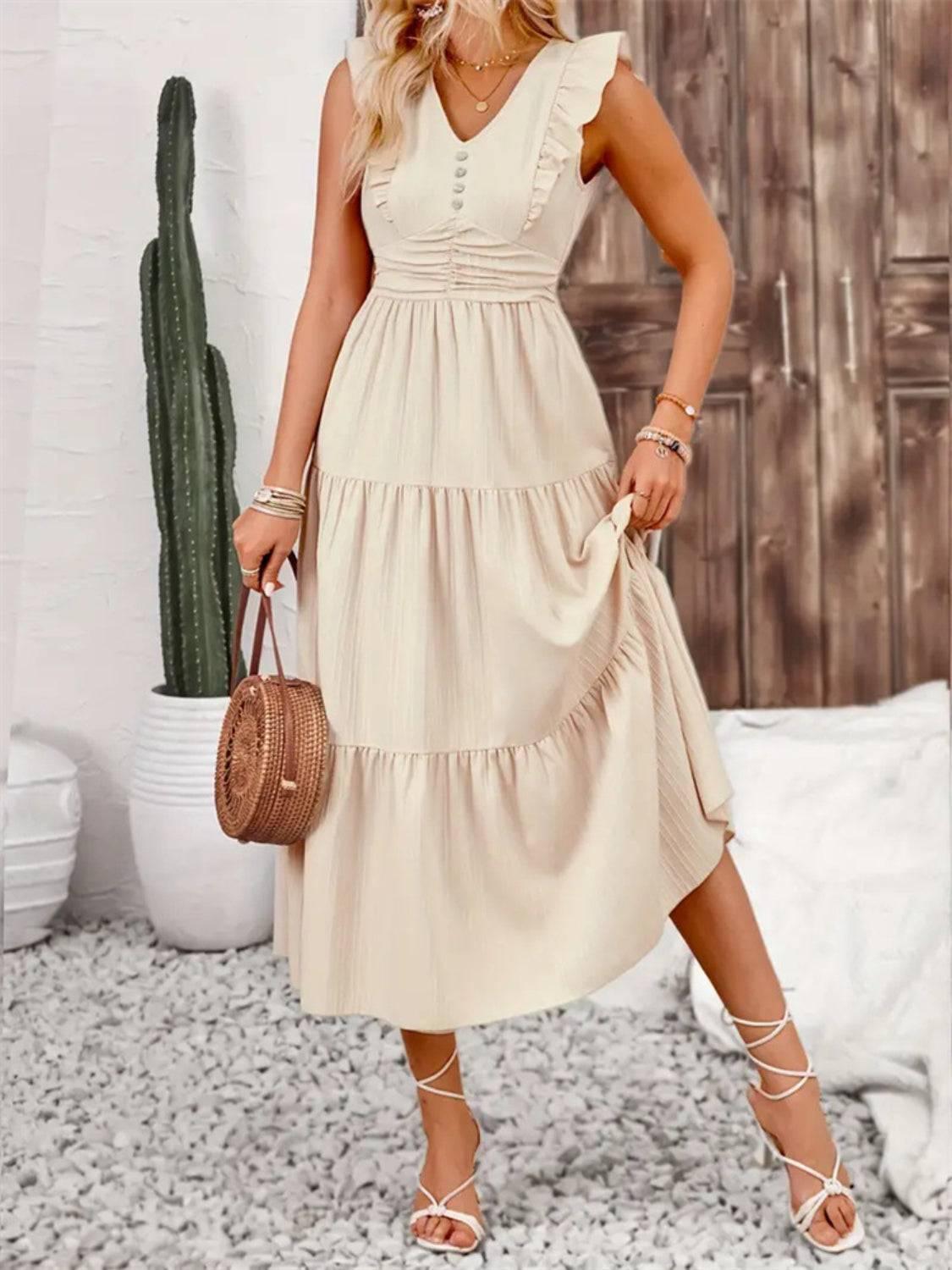 Decor Button Ruffled Tiered Midi Dress - Clothes For Her Online Store