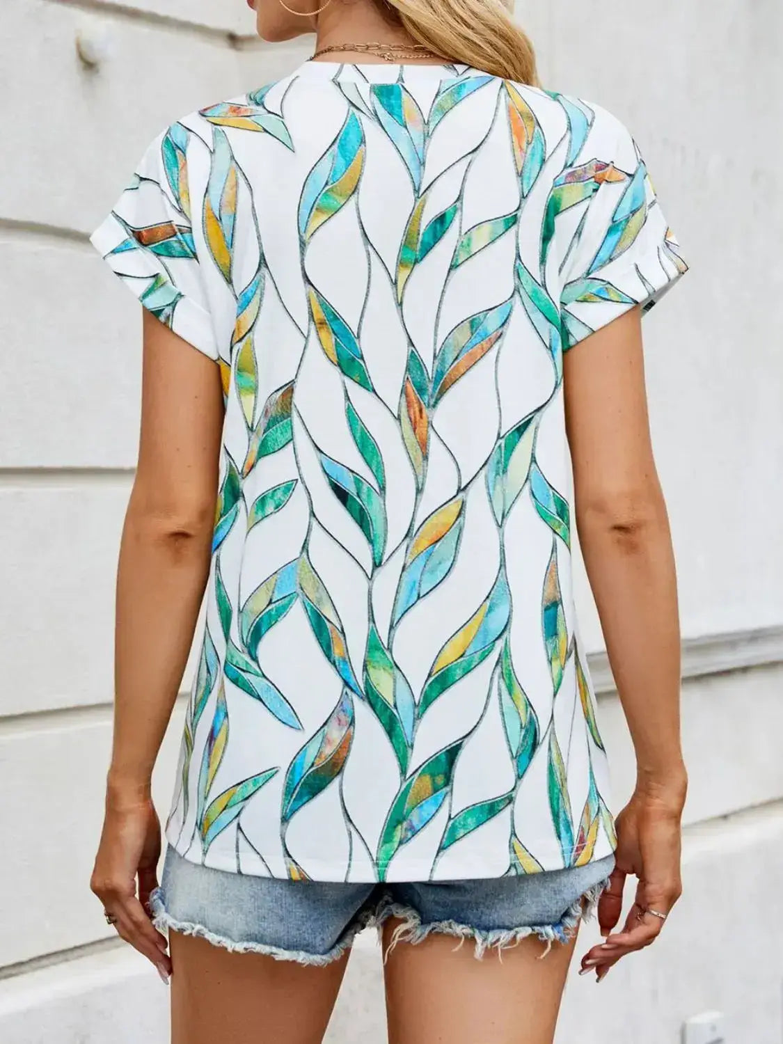 Printed Round Neck Short Sleeve Top - Clothes For Her Online Store