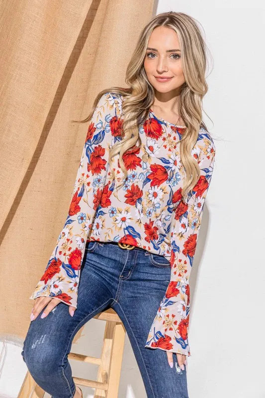 And The Why Floral Printed Bell Sleeve Casual Top