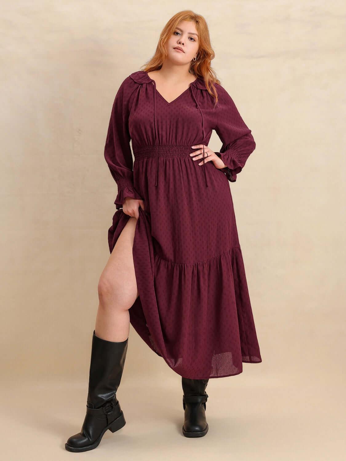 Plus Size Swiss Dot Tie Neck Flounce Sleeve Maxi Dress