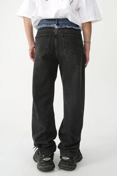 Men's Spliced Raw Hem Straight Leg Jeans