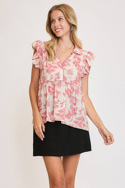 Umgee Full Size Botanical Print Babydoll Top Plus Size - Clothes For Her Online Store