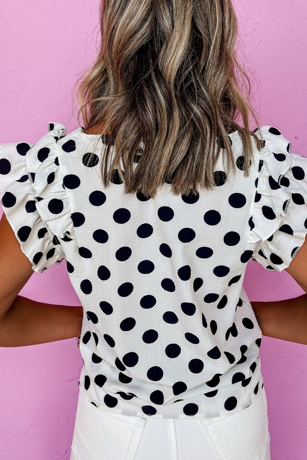 Polka Dot Ruffled Cap Sleeve V Neck Blouse