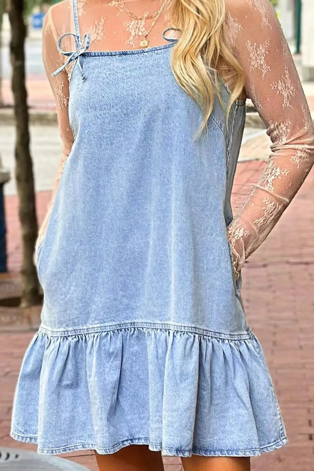 Bow Detail Spaghetti Straps Ruffle Hem Denim Dress - Clothes For Her Online Store