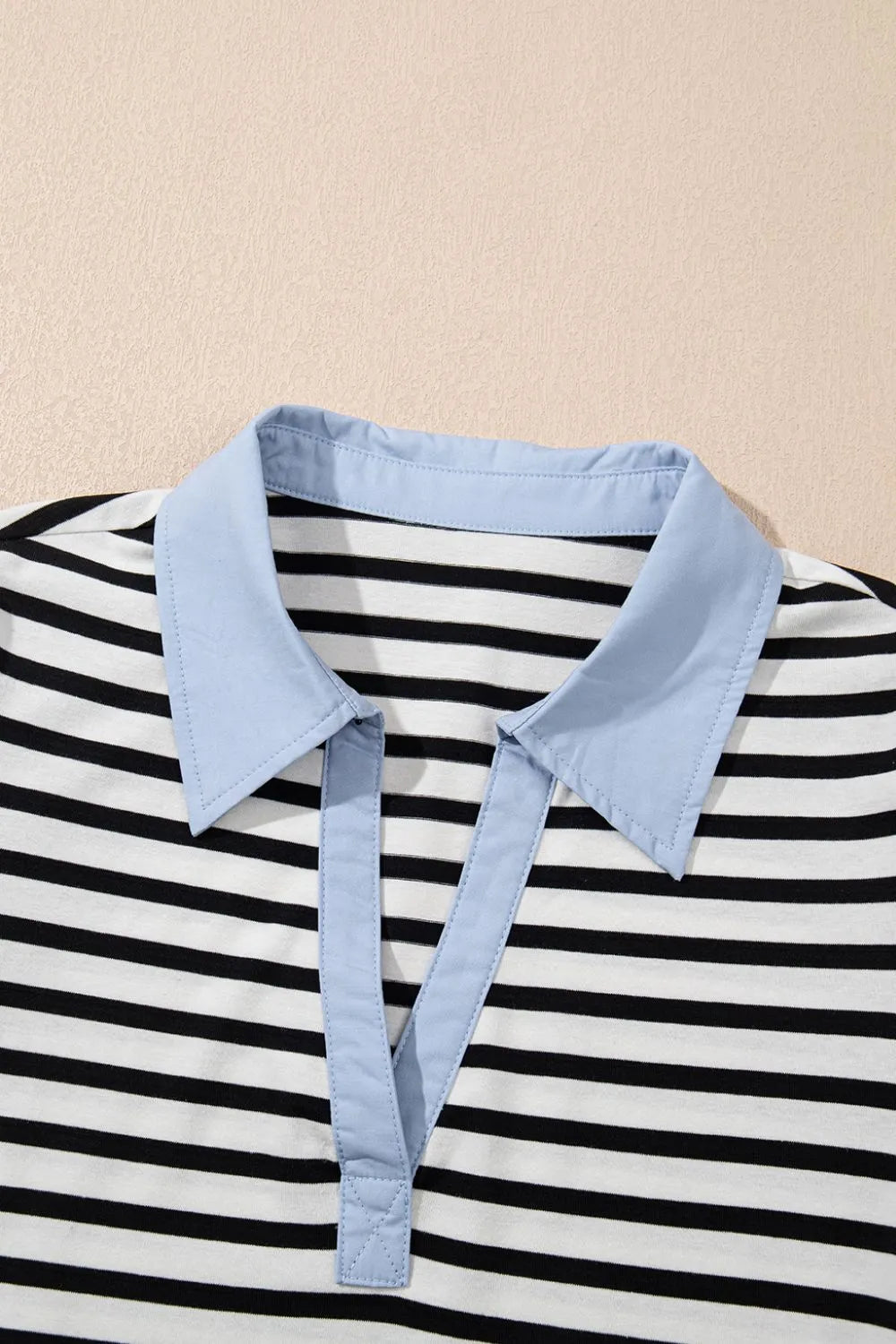 Stripe Contrast V Neck Collared Puff Sleeve T Shirt Mini Dress with Pockets