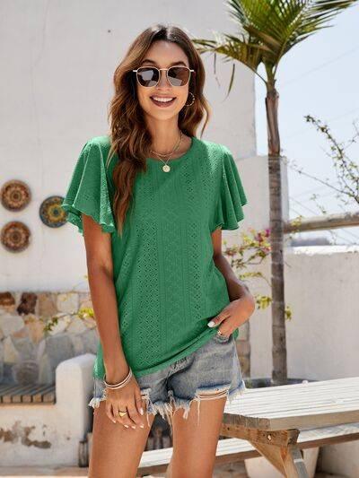 Mandy Eyelet Round Neck Flutter Sleeve Top