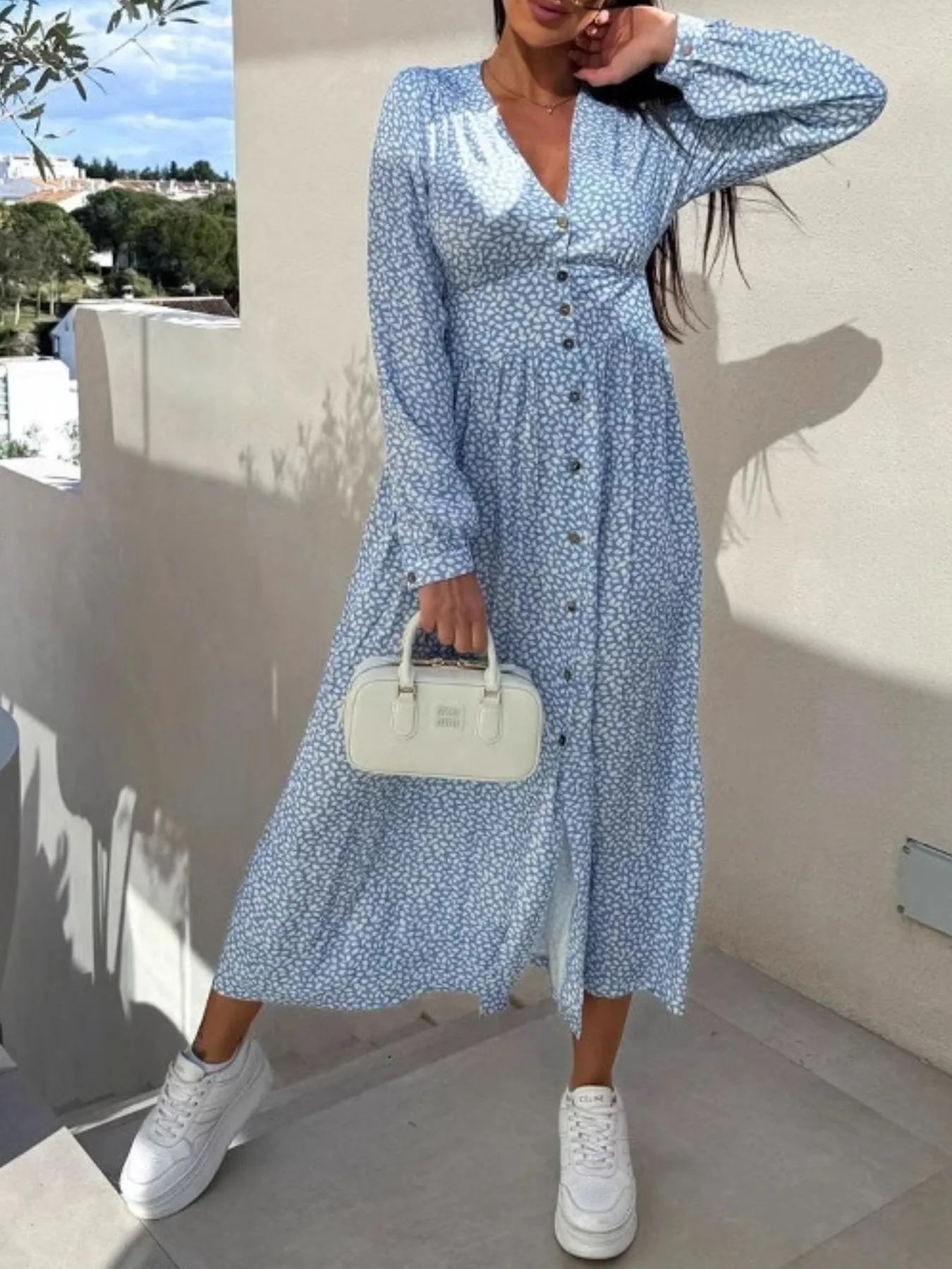 Floral Print Long Sleeve V-Neck Dress