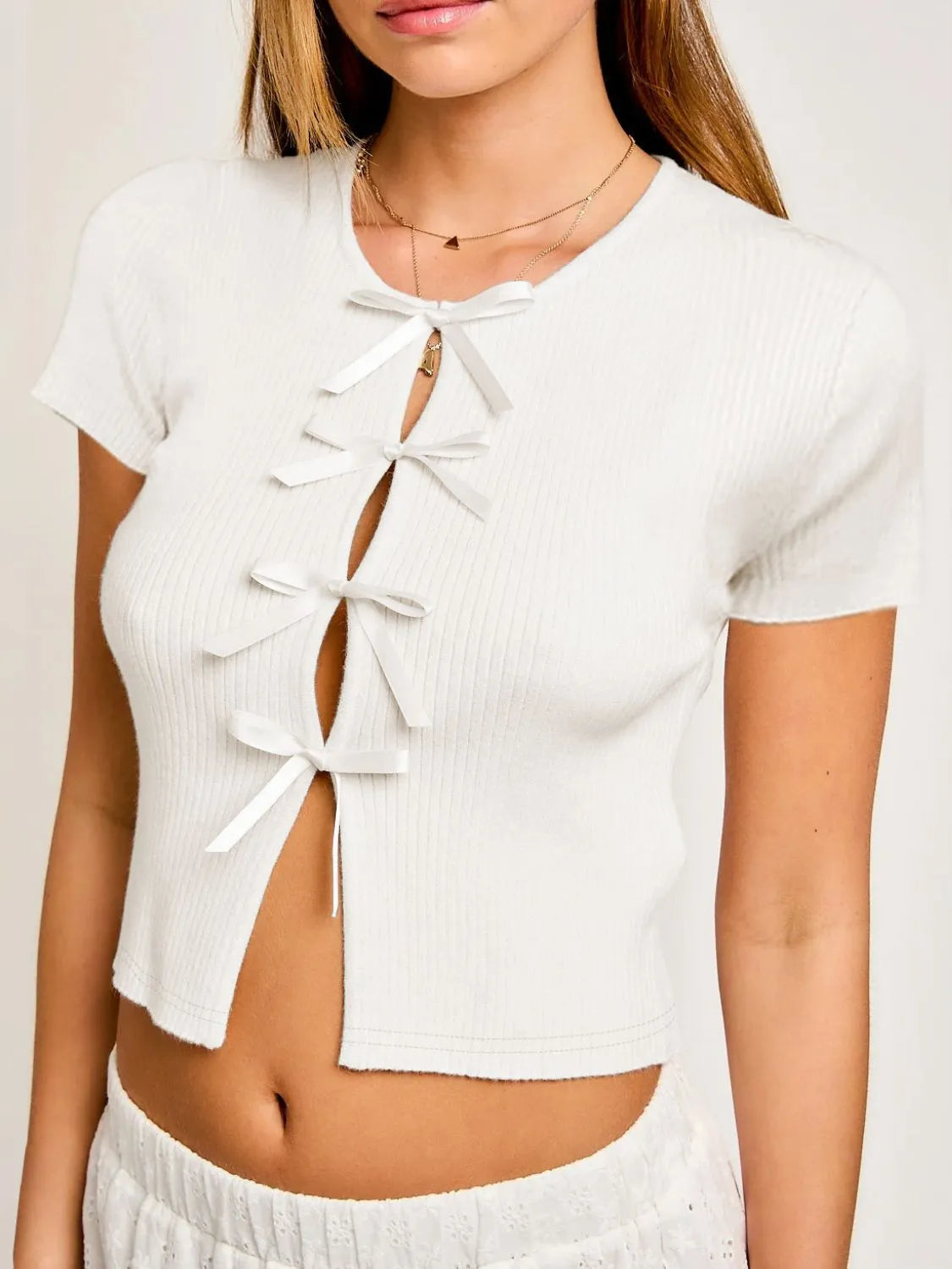 Bow Round Neck Short Sleeve T-Shirt