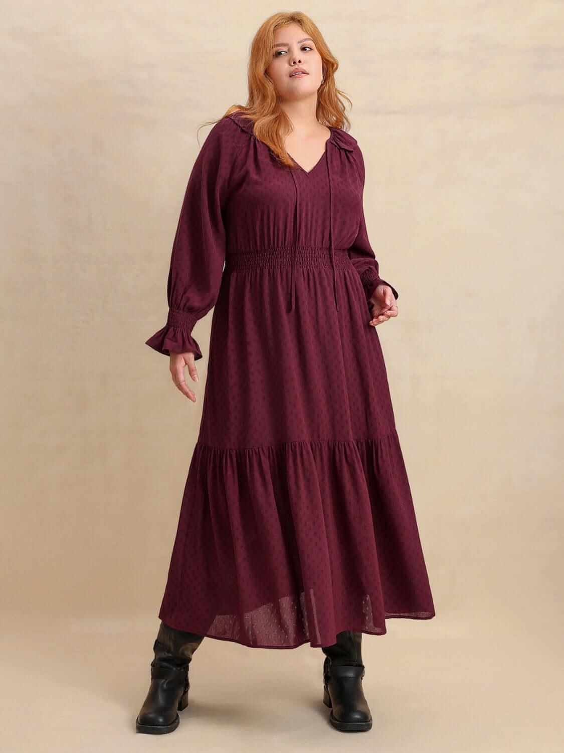 Plus Size Swiss Dot Tie Neck Flounce Sleeve Maxi Dress