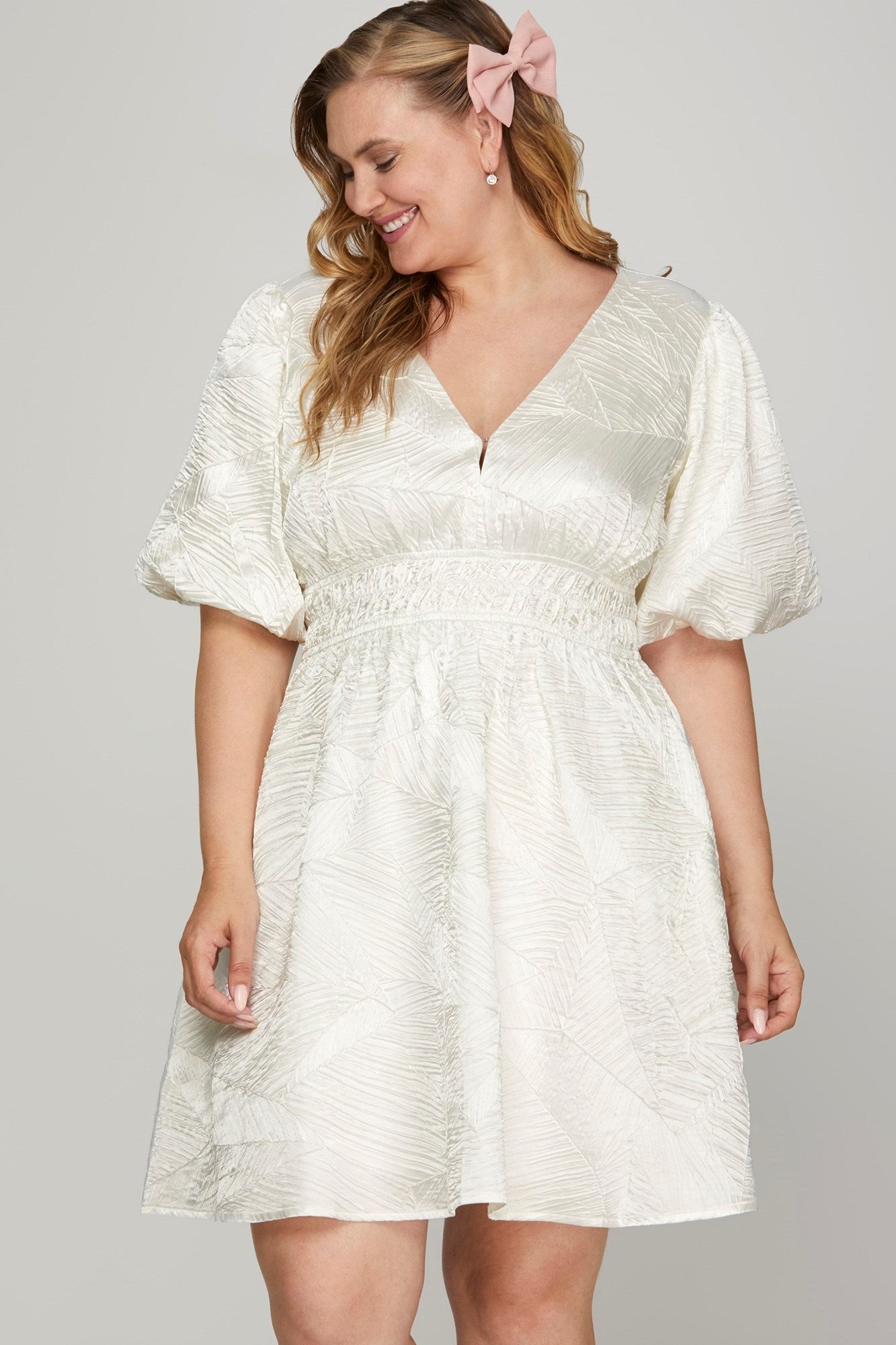 She + Sky Crinkle Woven V-Neck Balloon Sleeve Mini Dress - Clothes For Her Online Store