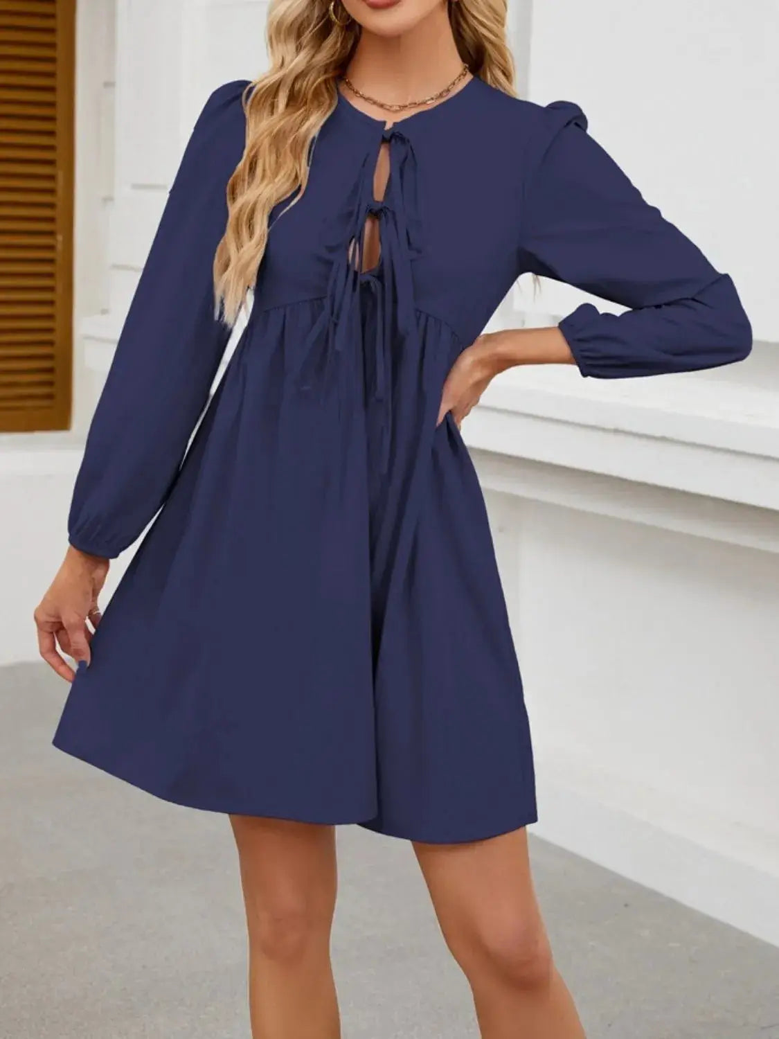 Tie Front Long Sleeve Mini Dress - Clothes For Her Online Store
