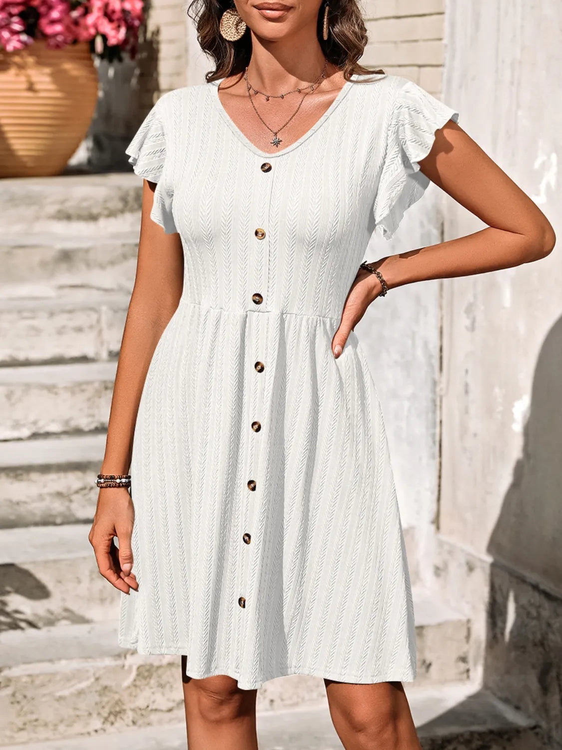 V-Neck Ruffled Cap Sleeve Dress