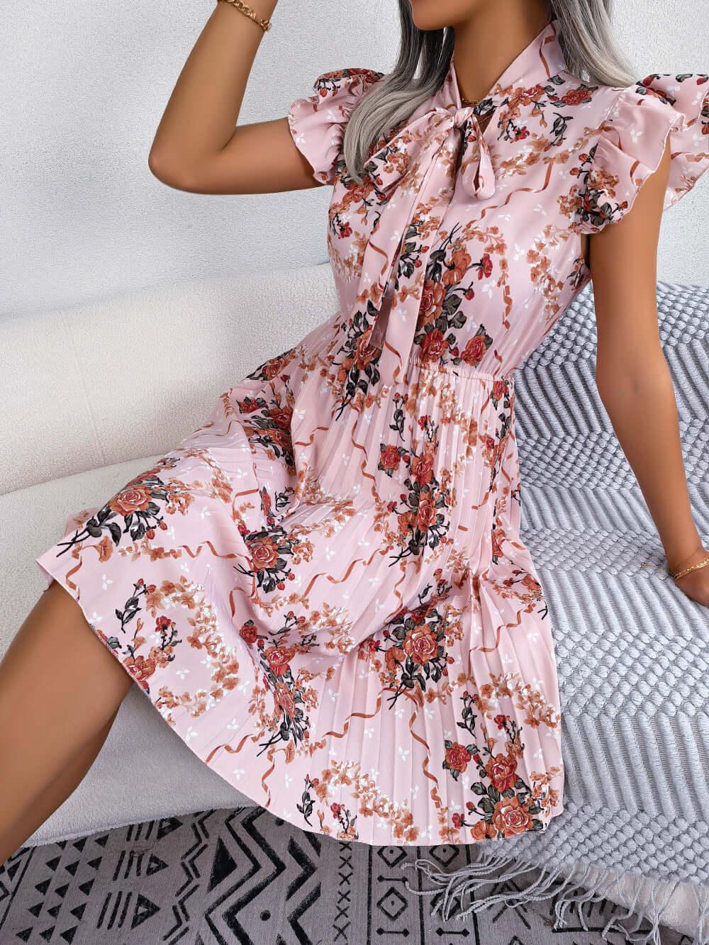 Pleated Floral Printed Tie Neck Knee Length Dress - Clothes For Her Online Store