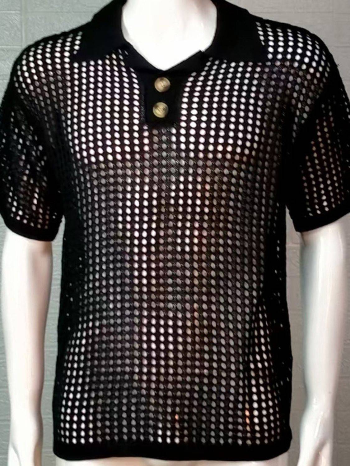 Men's Plus Size Openwork Collared Neck Quarter Button Knit Polo