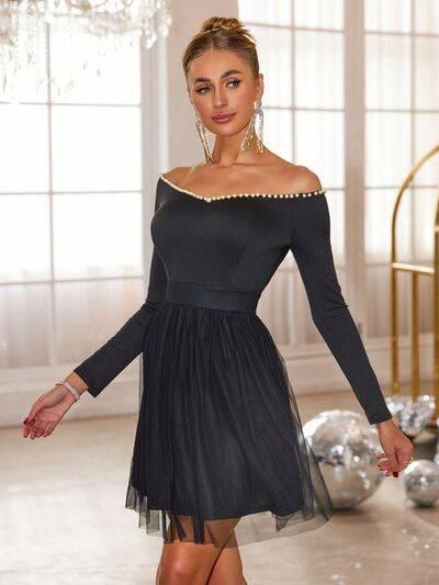 Pearl Trim Mesh Hem Off Shoulder Dress