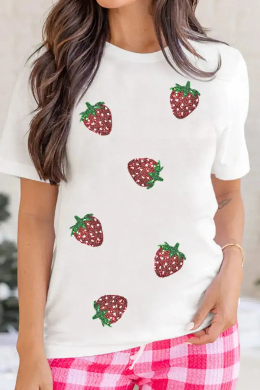 Sequin Strawberry Crew Neck Short Sleeve T Shirt - Clothes For Her Online Store